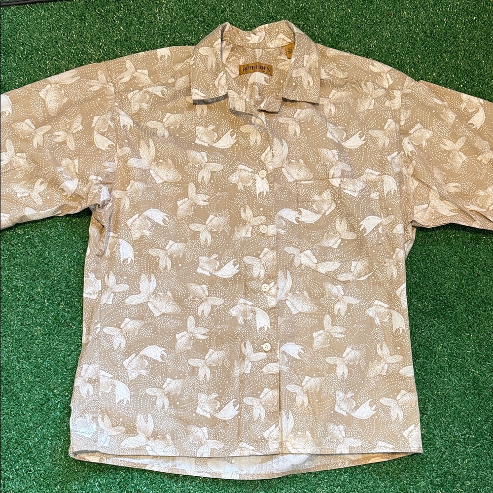 Vintage 80s 90s Ruff Hewn Tan & White GoldFish Koi Art Pattern Button Up Shirt - Picture 9 of 16